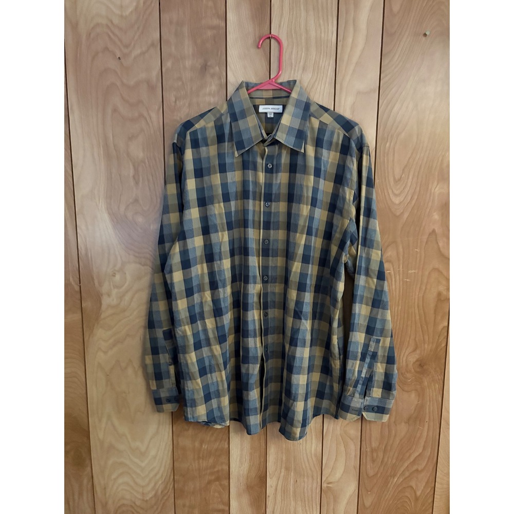 Joseph Abboud Mens XL Plaid Button Down Shirt Long Sleeve Cotton Gold Navy Blue